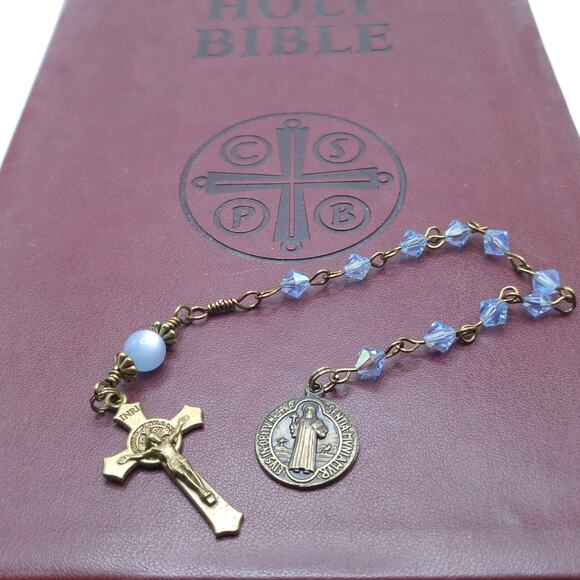St. Benedict Blue Handmade One Decade Rosary, Blue Crystal Decade Beads - Picture 3 of 10
